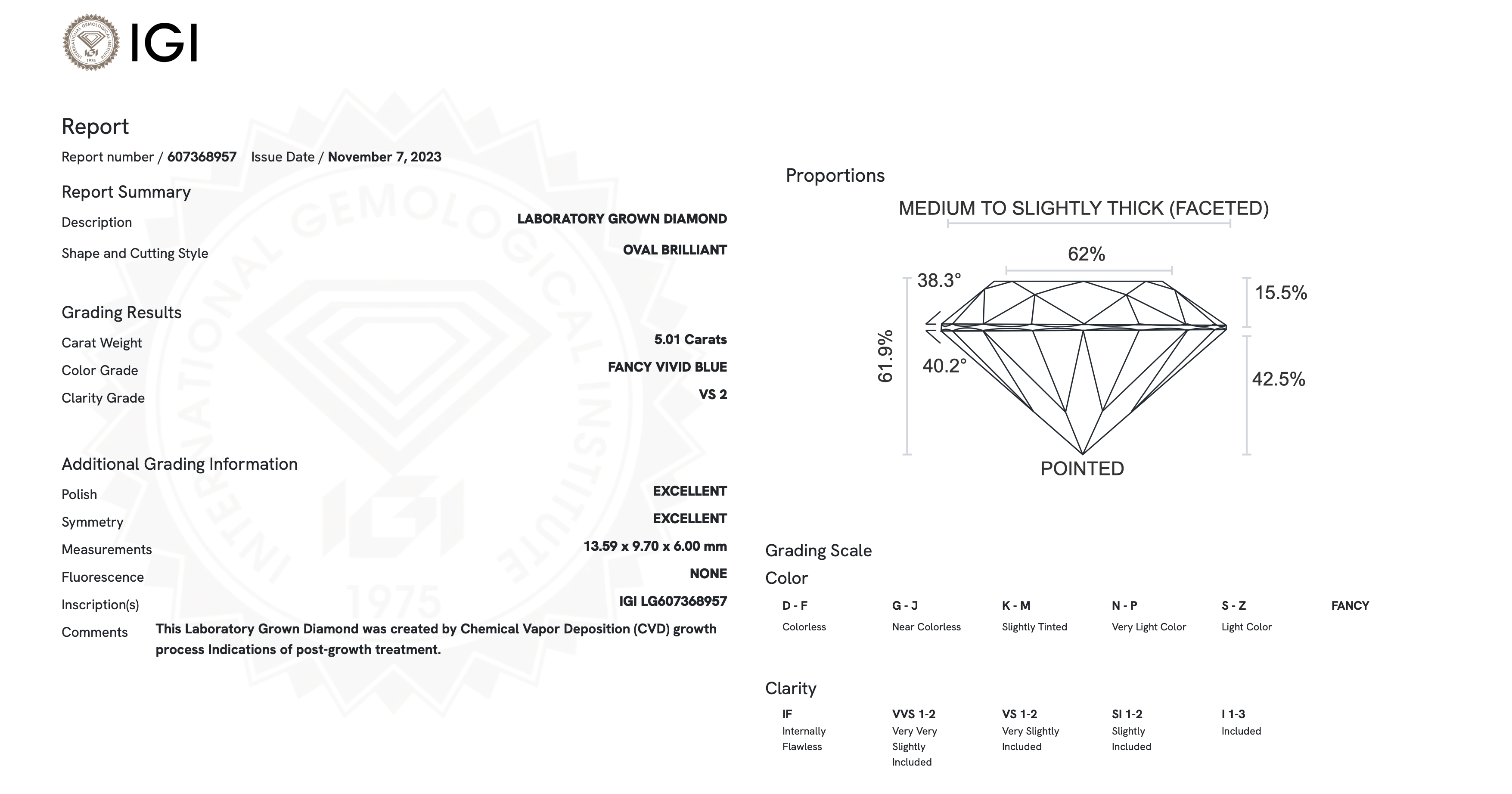 Oval Diamond 5.01 Carat Fancy Blue Colour VS2 Clarity EX EX - IGI - Bild 8 aus 8