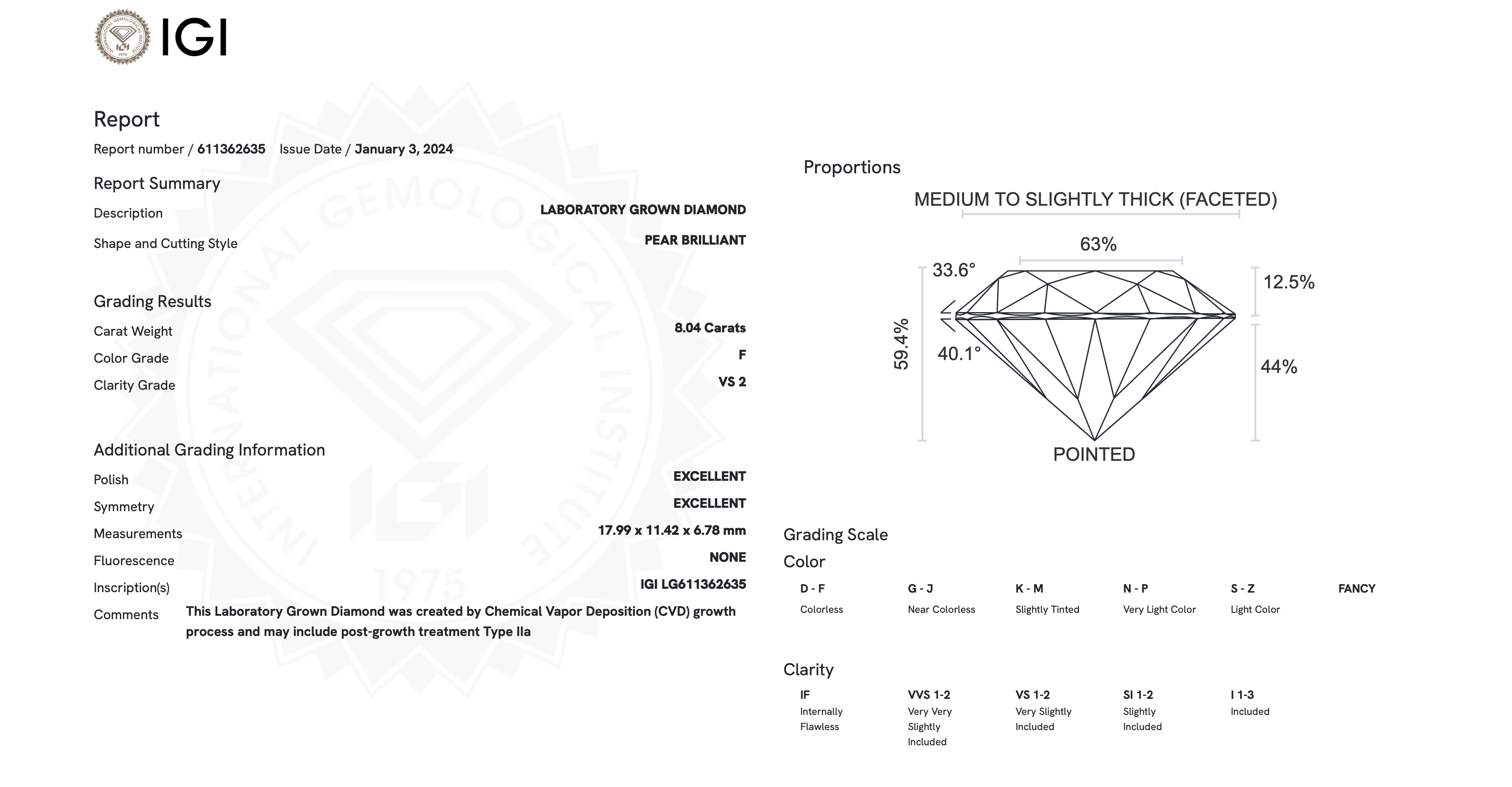 Pear Cut 8.04 Carat Diamond F Colour VS2 Clarity EX EX - IGI - Bild 8 aus 9