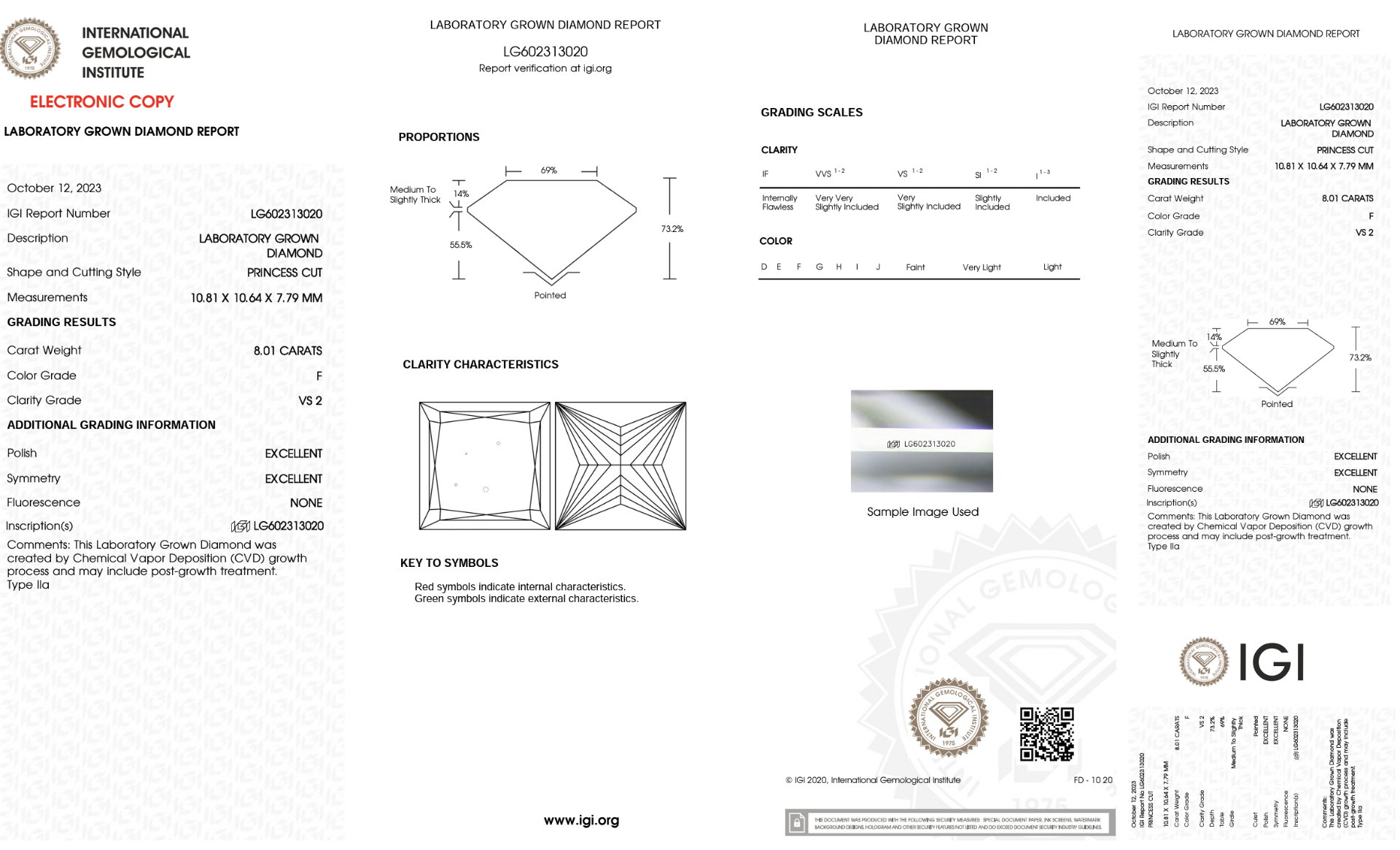 Princess Cut Diamond F Colour VS2 Clarity 8.01 Carat EX EX IGI - Image 8 of 9