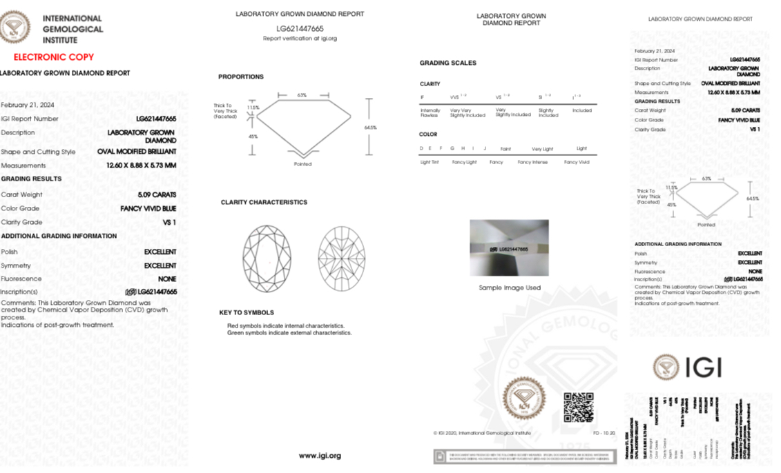 Oval Diamond 5.09 Carat Fancy Blue Colour VS1 Clarity EX EX - IGI - Image 9 of 9