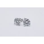 Round Brilliant Cut 3.00 Carat Natural Diamond Earrings 18kt White Gold - F Colour SI Clarity- GIA