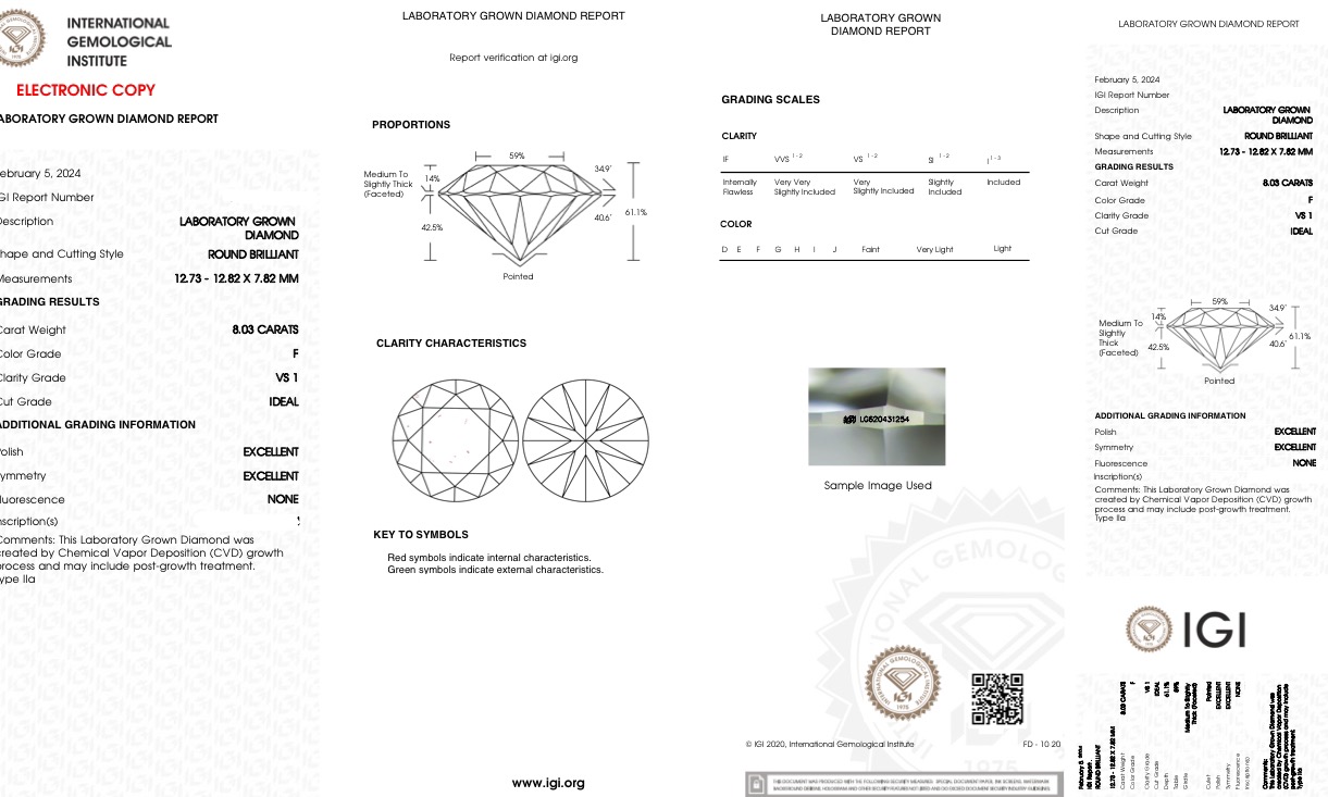 Round Brilliant Cut Diamond F Colour VS1 Clarity 8.03 Carat ID EX EX - IGI - Image 7 of 8