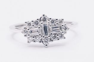 Round Brilliant Cut Baguette Cut 1.00 Natural Diamond 18ct White Gold Cluster Ring F/G Clarity SI