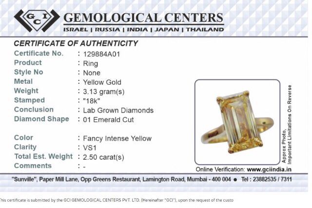 Fancy Intense Yellow Emerald Cut 2.50Ct Diamond Ring VS1 Clarity 18kt Yellow Gold - GCI Certified - Image 4 of 4