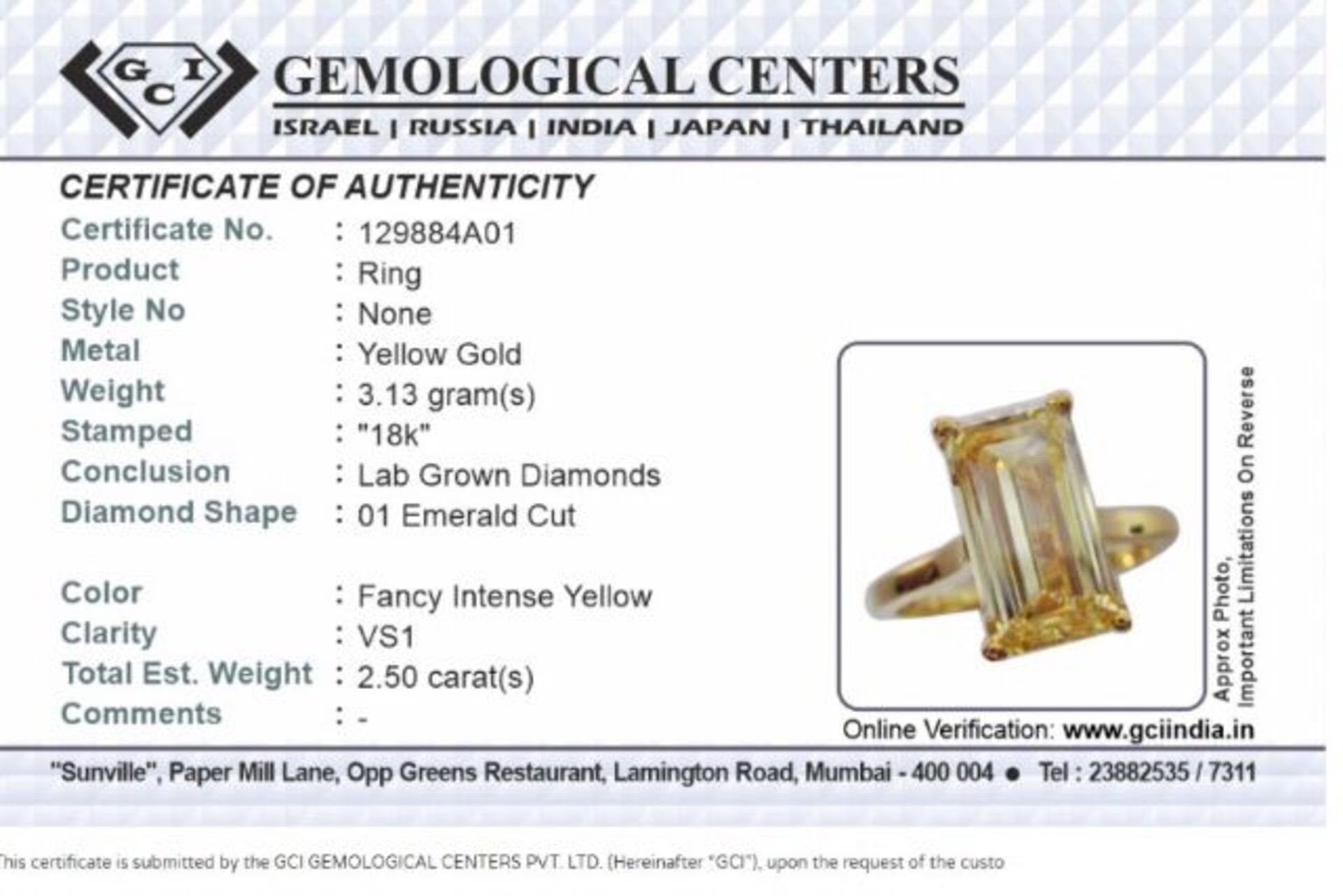 Fancy Intense Yellow Emerald Cut 2.50Ct Diamond Ring VS1 Clarity 18kt Yellow Gold - GCI Certified - Bild 4 aus 4