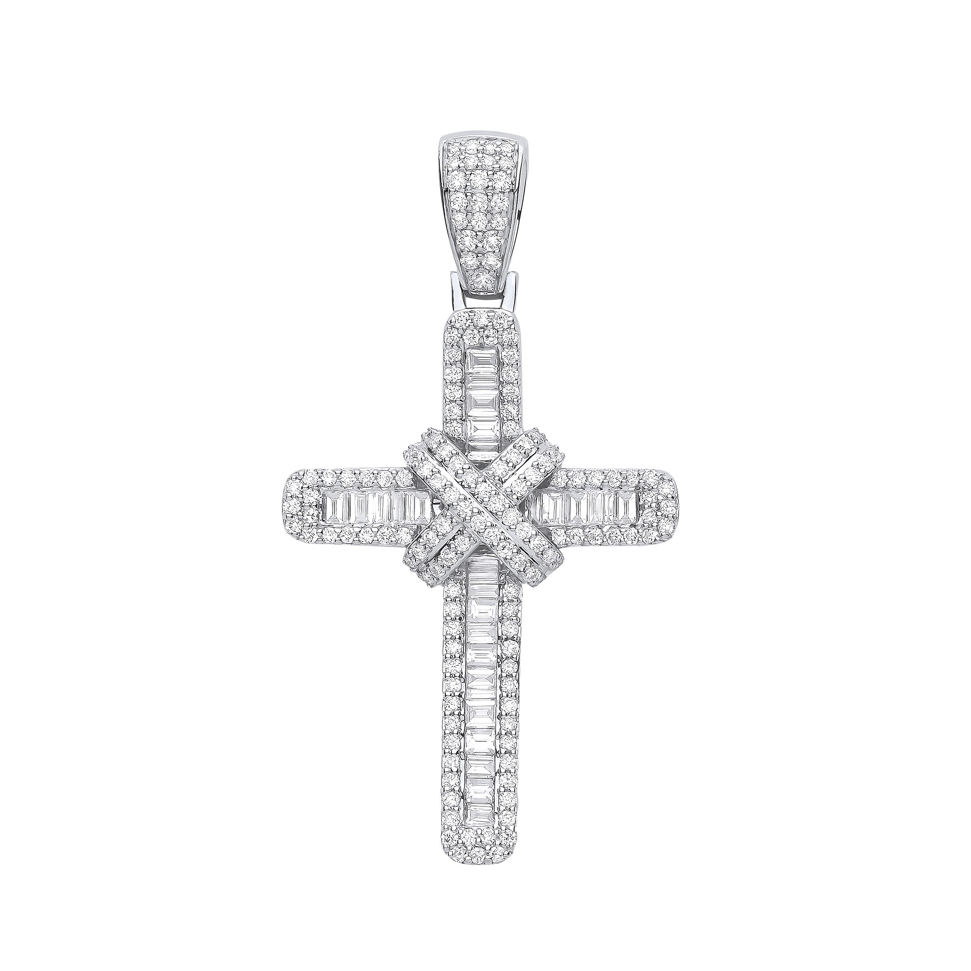 Round Brilliant Cut & baguette Cut Natural Diamond 9ct White gold Cross Pendant VS - F-G 0.50 Carat