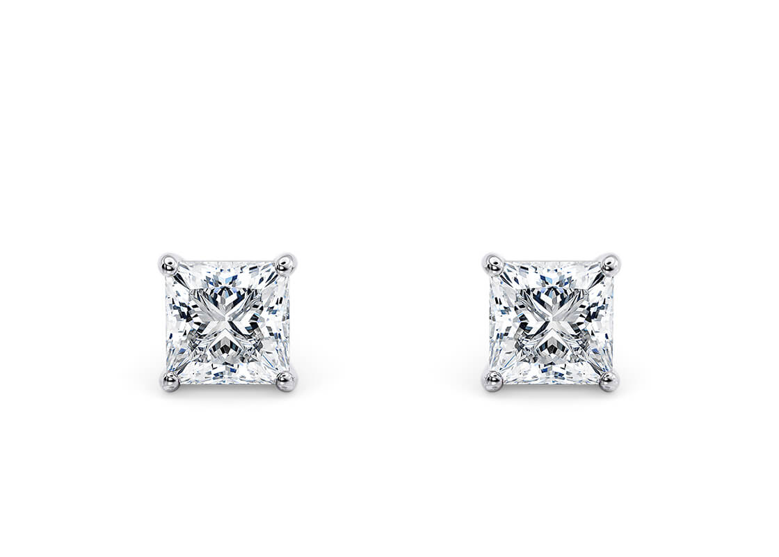 Princess Cut 2.00 Carat Diamond Earrings Set in 18kt White Gold - D Colour VVS1 Clarity - IGI