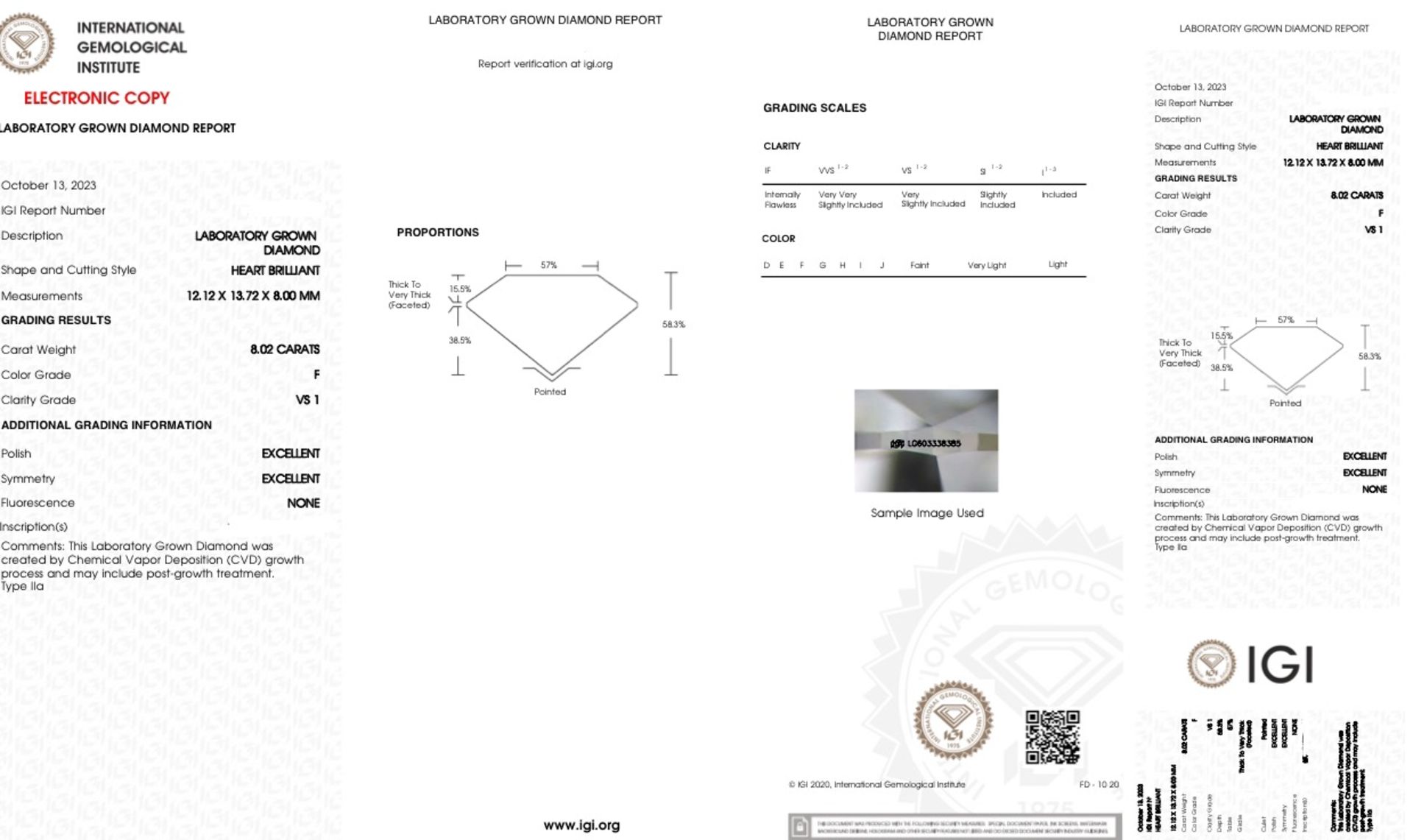 Heart cut 8.02 Carat Diamond F Colour VS1 Clarity EX EX - IGI - Image 6 of 6