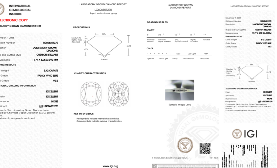 Cushion Brilliant Diamond 5.42 Carat Fancy Blue Colour VS2 Clarity EX EX - IGI - Image 7 of 7