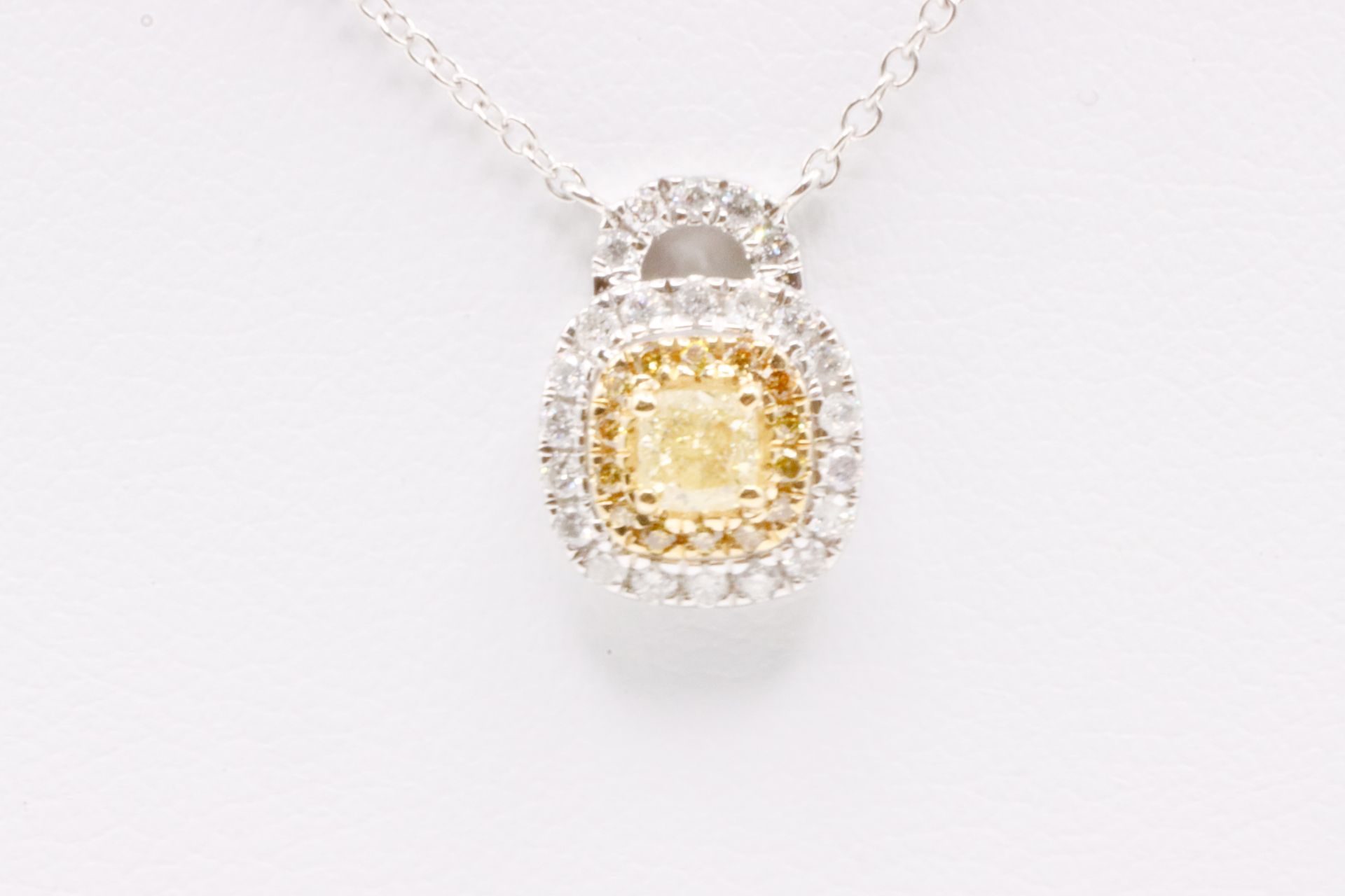 Cushion Cut Natural 1.20 Carat Fancy Yellow Diamond Pendant - Set in 18kt White & Yellow Gold - Bild 4 aus 8