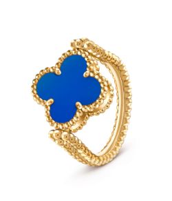 Vintage Alhambra style Reversible Ring - 18k Yellow Gold-Blue Agate & Natural Diamond - D Colour VVS