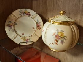 Royal Worcester Antique Turn of the Century Blush Ware Floral Pattern Tea Caddy Jar & Plate - marked