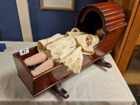 1930's Handmade Wooden Crib w/an Antique circa 1900 Armand Marseille 3200 Toy Doll - 53cm long
