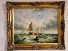 Maritime Sea Ocean Oil-on-Board Art Painting, signed C Chaplin