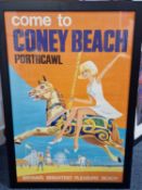 Welsh Coney Beach Porthcawl 1960's Tourist Office Advertising Poster (framed) - 82x57cm