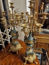 Pair of Vintage Large Brass and Green Marble Candelabras Candlesticks