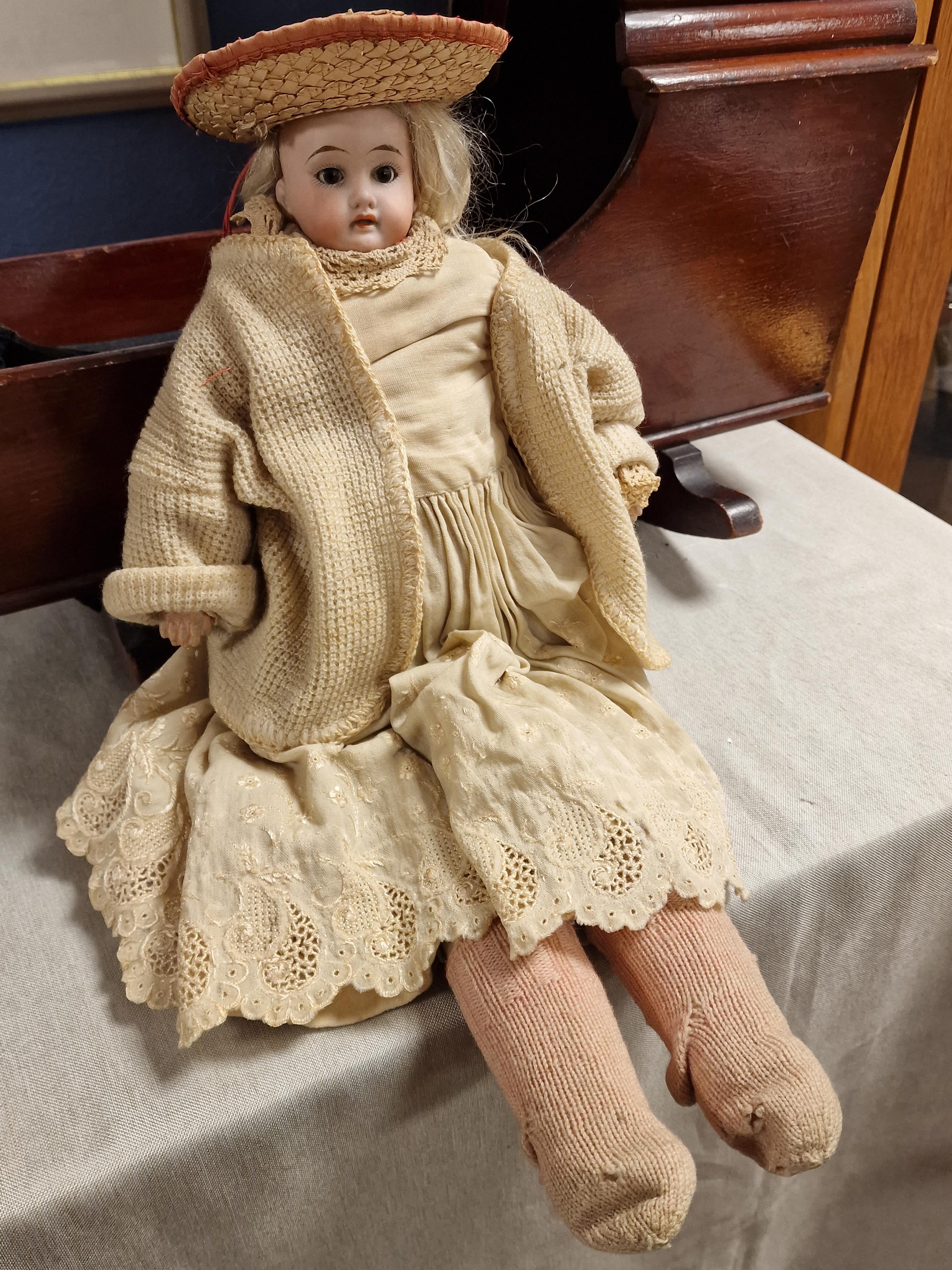 1930's Handmade Wooden Crib w/an Antique circa 1900 Armand Marseille 3200 Toy Doll - 53cm long - Image 2 of 4