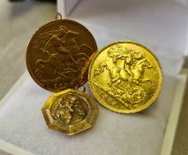 22ct Gold Pair of 1908 Half Sovereign Coins Earrings + a Small 9ct Medal - total weight 9.25g