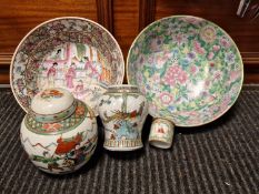 Chinese Quintet of Ceramics inc Two Nice Handpainted Fruit Bowls