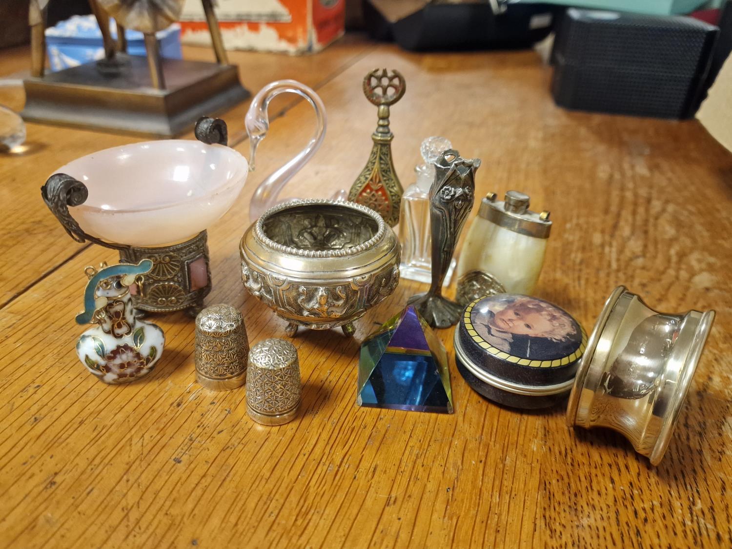 Collection of Vintage Miniature Scent Bottles and Curios, inc Silver Charles Horner Thimble