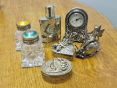Collection of Silver-Plated and Various Scent Bottles + Miniature Clock, inc a Fairy & Snail Salt