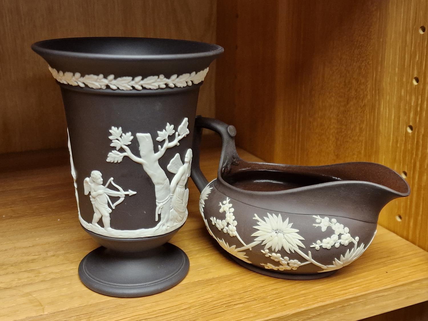 Wedgwood Jasperware Pair of Black Basalt and Brown Vase and Jug