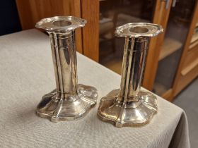 Silver (Sheffield) 1922 Pair of Pillar Candlesticks - by Hawkesworth, Eyre & Co - 700g combined