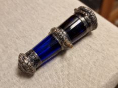 Victorian Blue Glass Cannon Form Scent Bottle & Vinaigrette - dates to mid 19th Century from the Dia