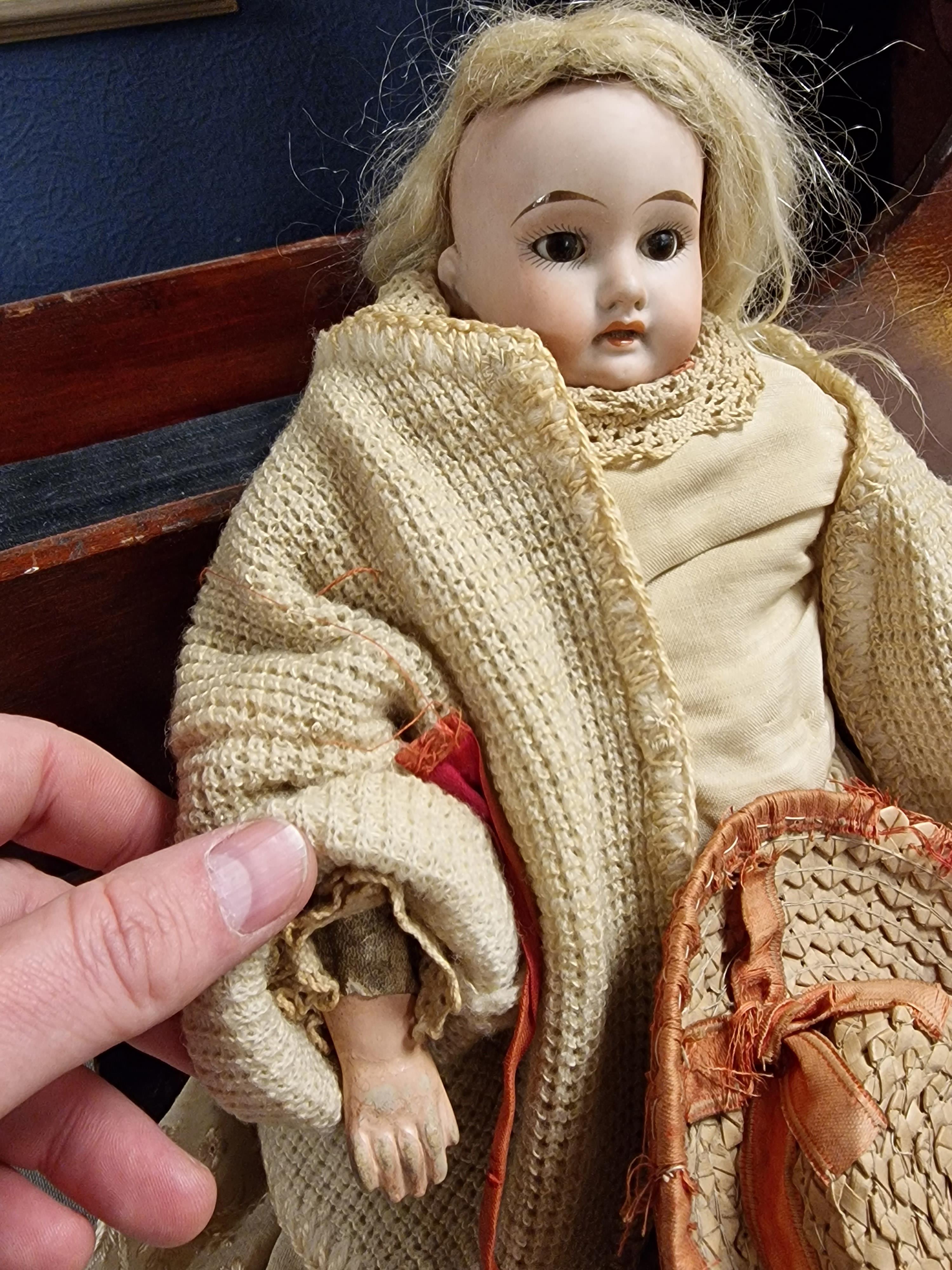 1930's Handmade Wooden Crib w/an Antique circa 1900 Armand Marseille 3200 Toy Doll - 53cm long - Image 3 of 4