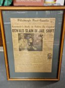 JFK Assassination, Lee harvey Oswald Framed Newspaper Fron Page