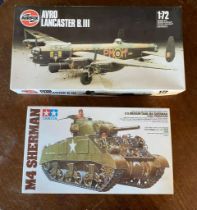 Pair of Airfix & Tamiya Model Kits Toys - Avro Lancaster BIII & M4 Sherman Tank - Militaria Interest