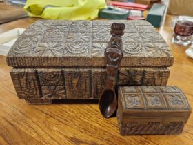Pair of Carved Polish Poland Trinket Boxes + a Carved Tribal Spoon