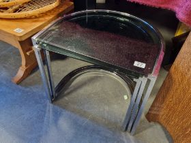 Designer Retro Glass & Chrome Half Moon Nest of Tables - 52x41, by 43cm high