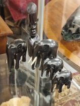 Ebony Ebonised Wood Elephant Set + a Tribal Figure