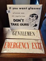 Vintage Tin Advertising Signs - Opticians and Toilet + Exit Signs