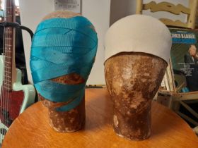 2 Vintage Wood and Paper Milliner's Mannequin head blocks, 22l x 15w x 31h and 22l x 16w x 30h