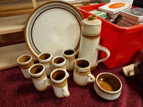 A Celtic Pottery (Newlyn) coffee set, comprising 6 mugs, creamer and sugar bowl, coffee pot and plat