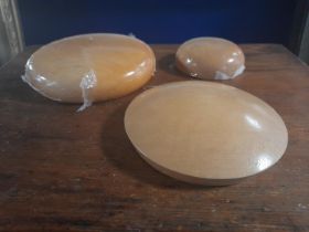 Three Traditional Wooden Hat Maker's Milliner's button blocks, 17.5d x 4.5h, 15d x 3.5h, 10.5d x 3.5