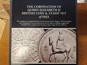 Queen Elizabeth 1953 Coronation Coin Currency and Stamp Box Set