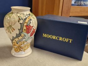 Moorcroft Boxed Golden Lily 1993 Vase, by Rachel Bishop, 6.25" high