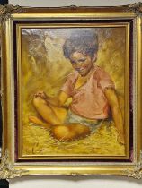 Robert Van Cleef (1914-2016) Oil on Canvas of a Young Child in a Hayfield -
