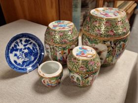 Oriental Japanese Graduated Jar Set, handpainted plus a small dish