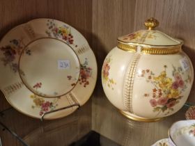 Royal Worcester Antique Turn of the Century Blush Ware Floral Pattern Tea Caddy Jar & Plate - marked