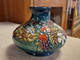 Moorcroft Floral Green Squat Vase, marked 933 to base, 4.5" high