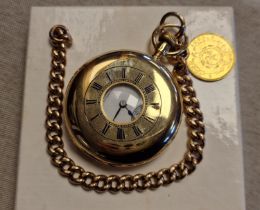 18ct Gold Waltham Pocketwatch w/Chain and 22ct Half Krugerrand - total weight 149.9g - maker Frisch