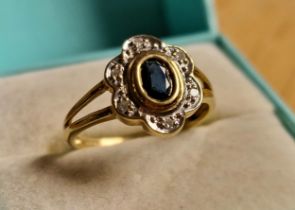 9ct Gold, Sapphire & Diamond Cluster Ring, 2.35g & size O