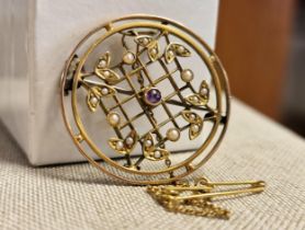 15ct Gold Antique Suffragette Brooch w/ Amethyst and Pearl Filigree, 3.75 g