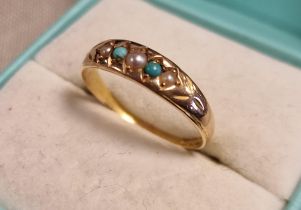 15ct Gold, Pearl & Turquoise Antique Dress Ring - 1.8g & size m+0.5