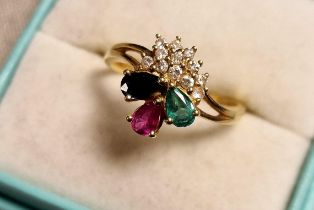 18ct Gold, Diamond, Ruby, Sapphire & Emerald Dress Ring, 3.45g & size R