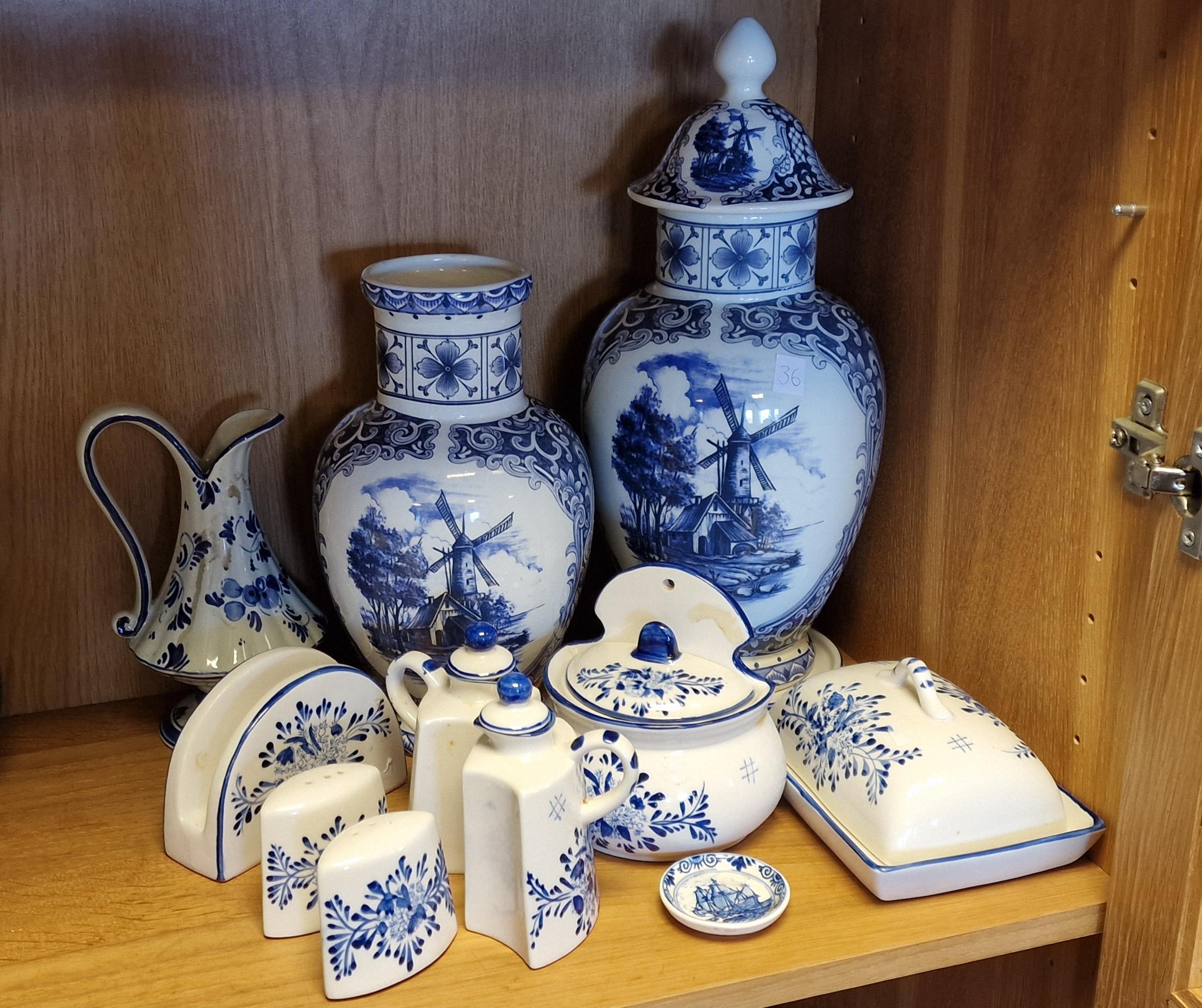 Delft Ware Blue & White Willow Influence Collection of Ceramics, Teawares & Ginger Jars